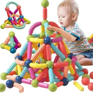 64 PCS Magnetic Balls and Rods Building Sticks Blocks Set Vibrant Colors Different Sizes Curved Shapes Children Educational Stacking STEM Magnet Toys for Kids Age 3+